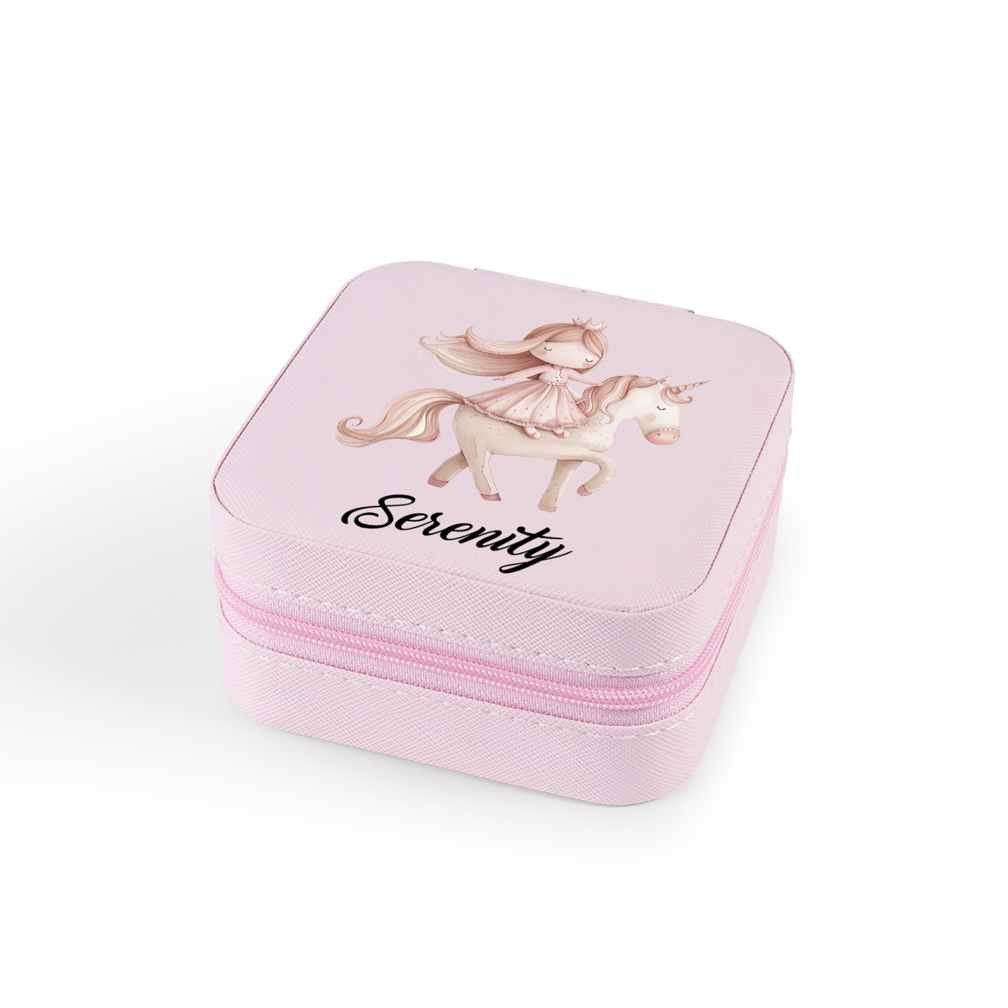 Personalisierter 1 Name Schmuckaufbewahrungsbox mit Einhorn & Prinzessin – Quadratische tragbare PU-Schmuckbox