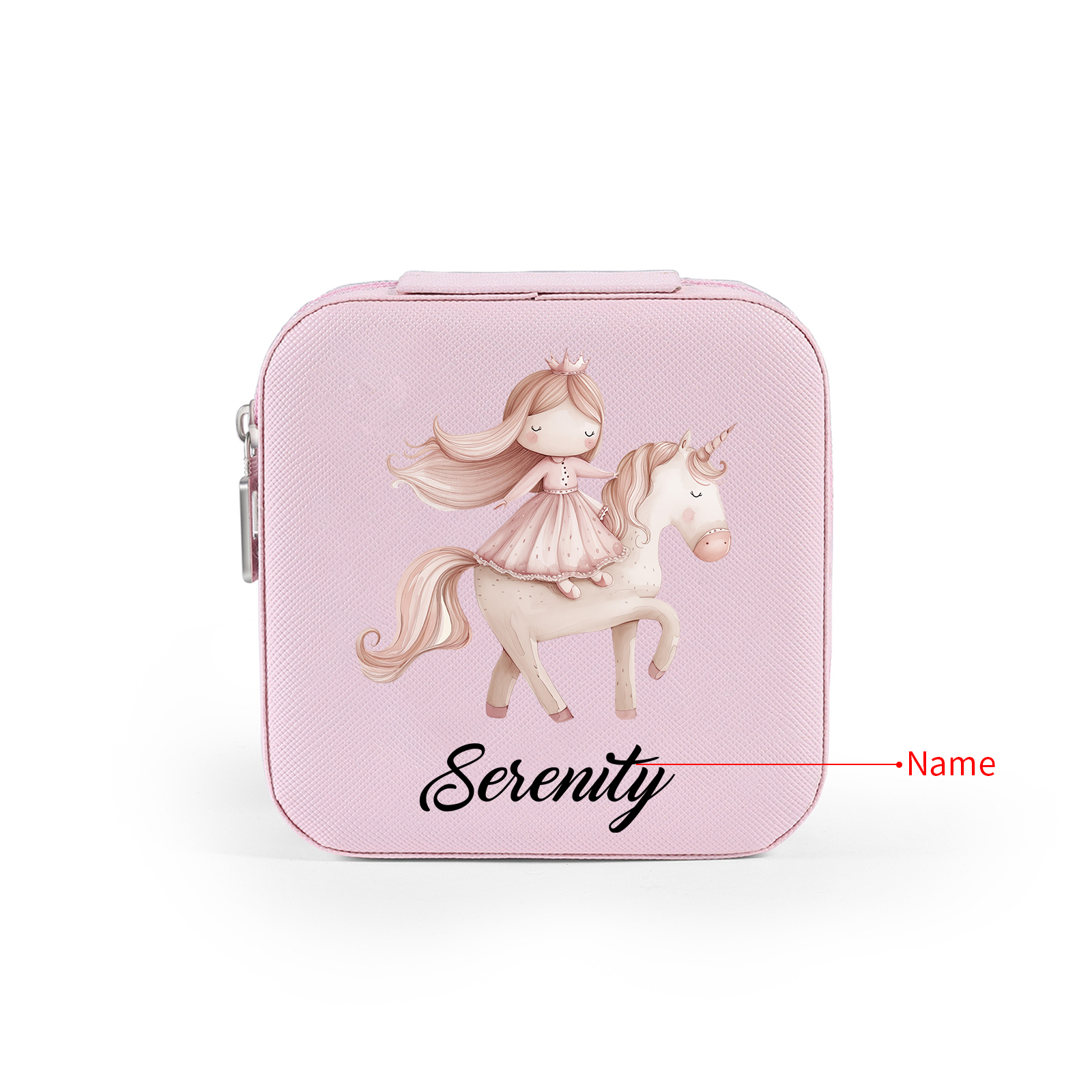 Personalisierter 1 Name Schmuckaufbewahrungsbox mit Einhorn & Prinzessin – Quadratische tragbare PU-Schmuckbox