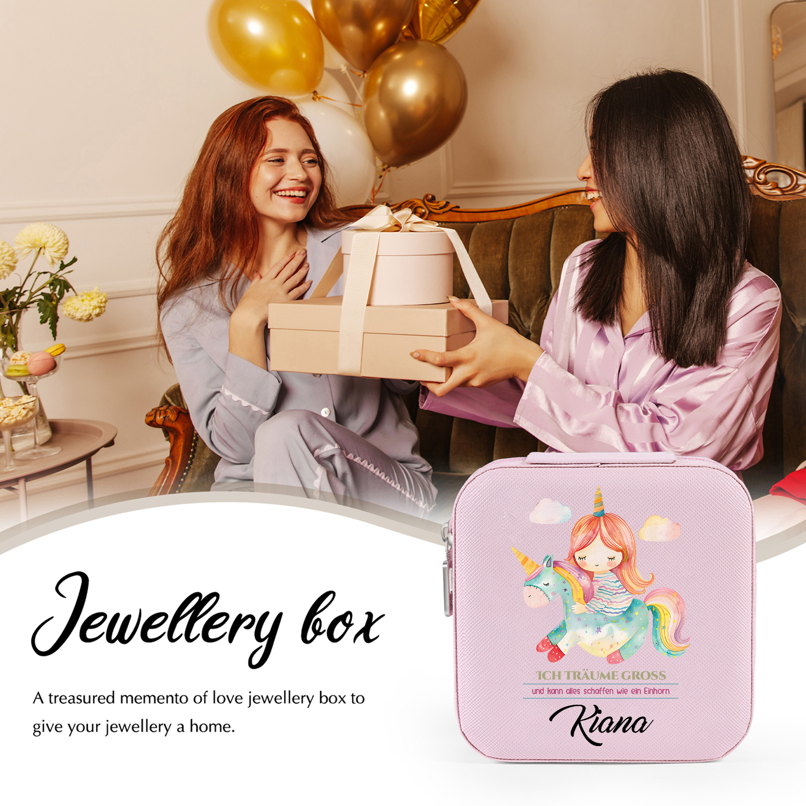 Personalisierter 1 Name Aufbewahrungsbox für Schmuck – Ich träume groß und kann alles schaffen wie ein Einhorn – Quadratische tragbare PU-Schmuckbox