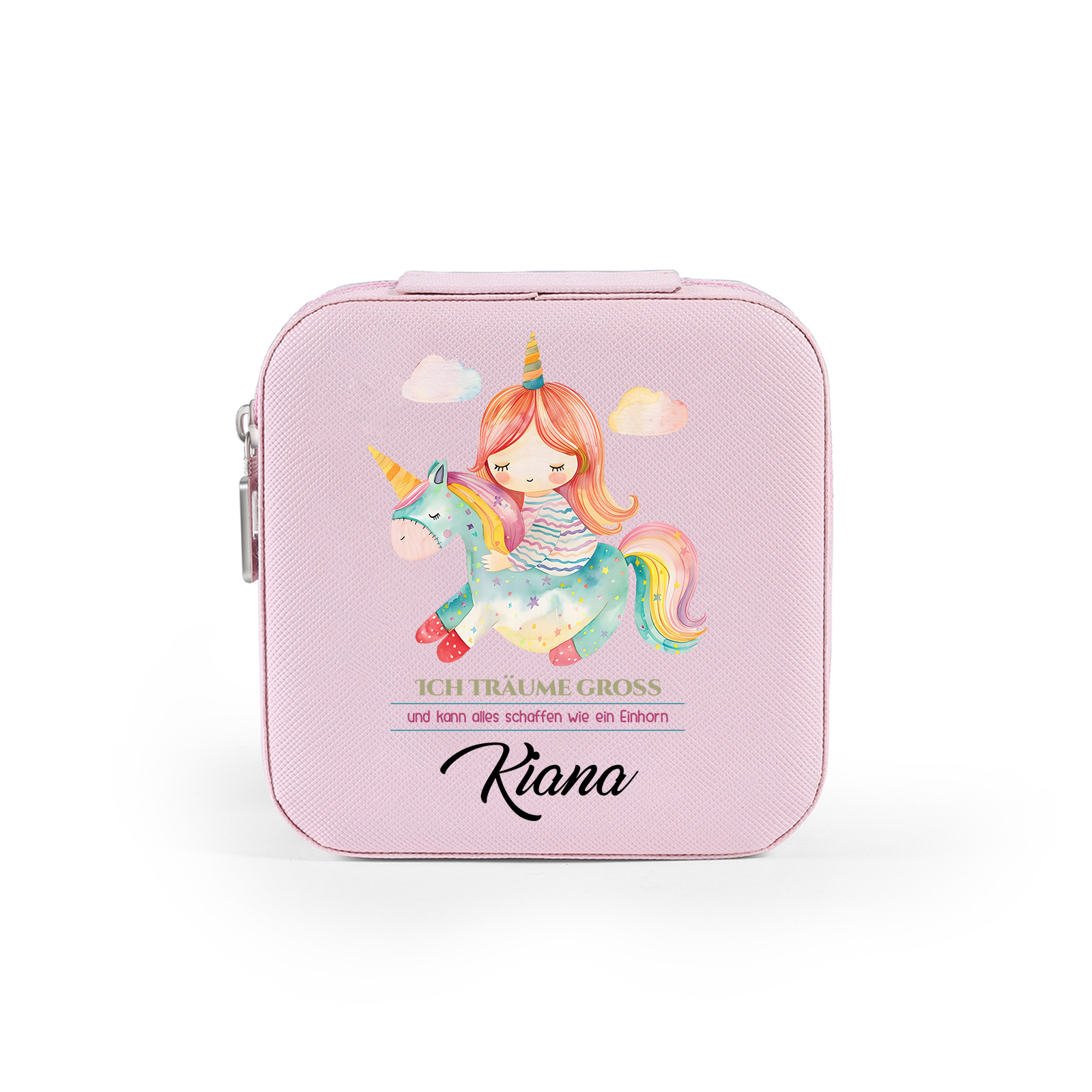 Personalisierter 1 Name Aufbewahrungsbox für Schmuck – Ich träume groß und kann alles schaffen wie ein Einhorn – Quadratische tragbare PU-Schmuckbox