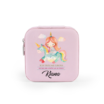 Personalisierter 1 Name Aufbewahrungsbox für Schmuck – Ich träume groß und kann alles schaffen wie ein Einhorn – Quadratische tragbare PU-Schmuckbox