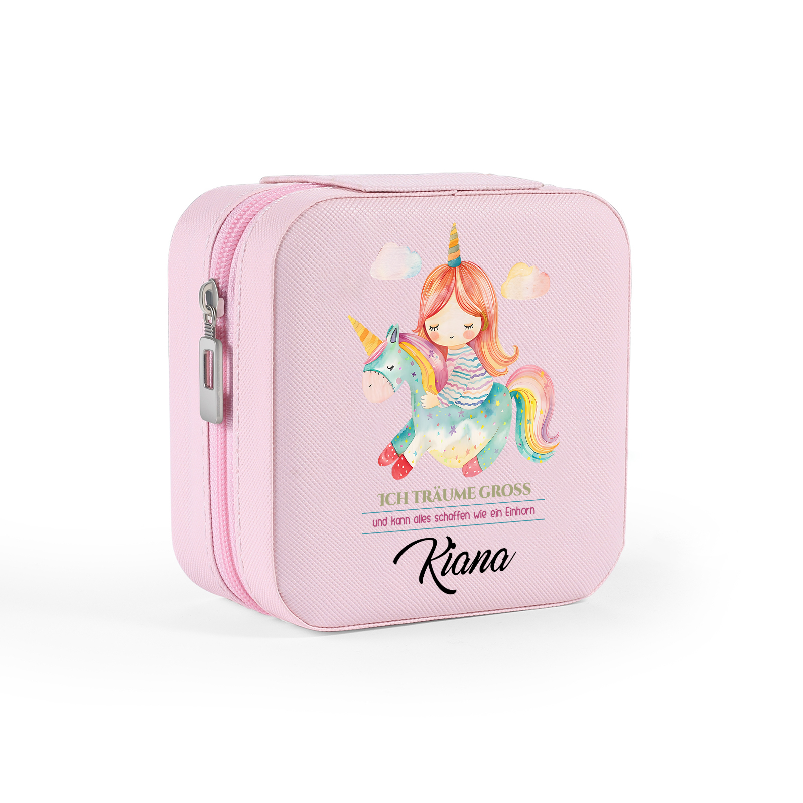 Personalisierter 1 Name Aufbewahrungsbox für Schmuck – Ich träume groß und kann alles schaffen wie ein Einhorn – Quadratische tragbare PU-Schmuckbox