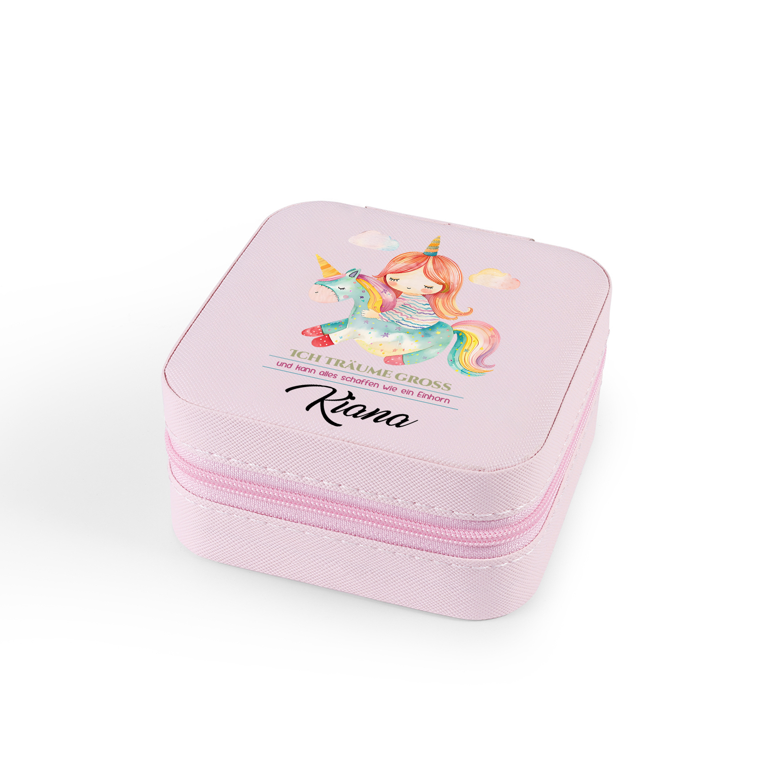 Personalisierter 1 Name Aufbewahrungsbox für Schmuck – Ich träume groß und kann alles schaffen wie ein Einhorn – Quadratische tragbare PU-Schmuckbox