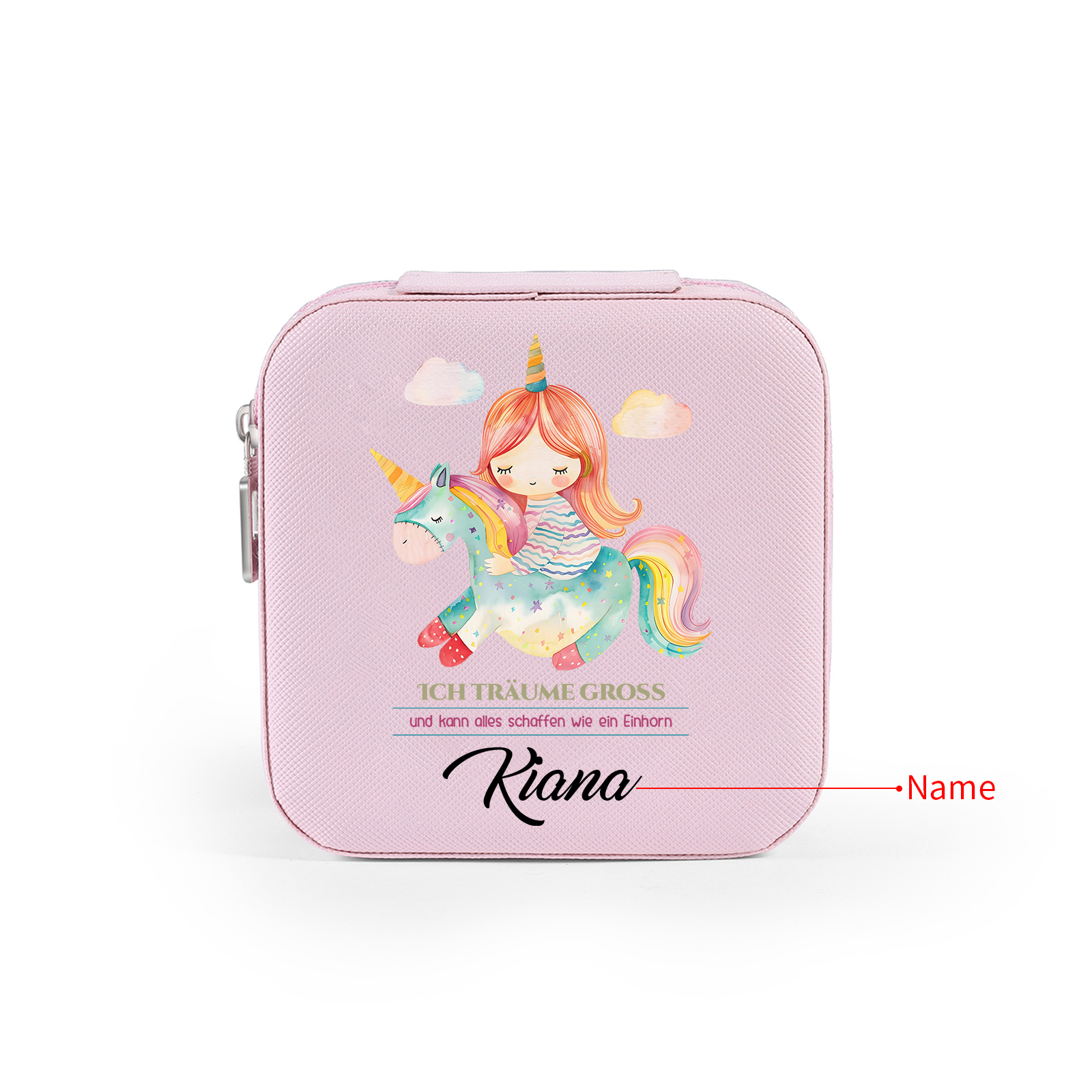 Personalisierter 1 Name Aufbewahrungsbox für Schmuck – Ich träume groß und kann alles schaffen wie ein Einhorn – Quadratische tragbare PU-Schmuckbox