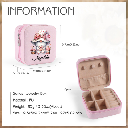 Personalisierter 1 Name Aufbewahrungsbox für Schmuck mit Blumen-Wichtel – Quadratische tragbare PU-Schmuckbox