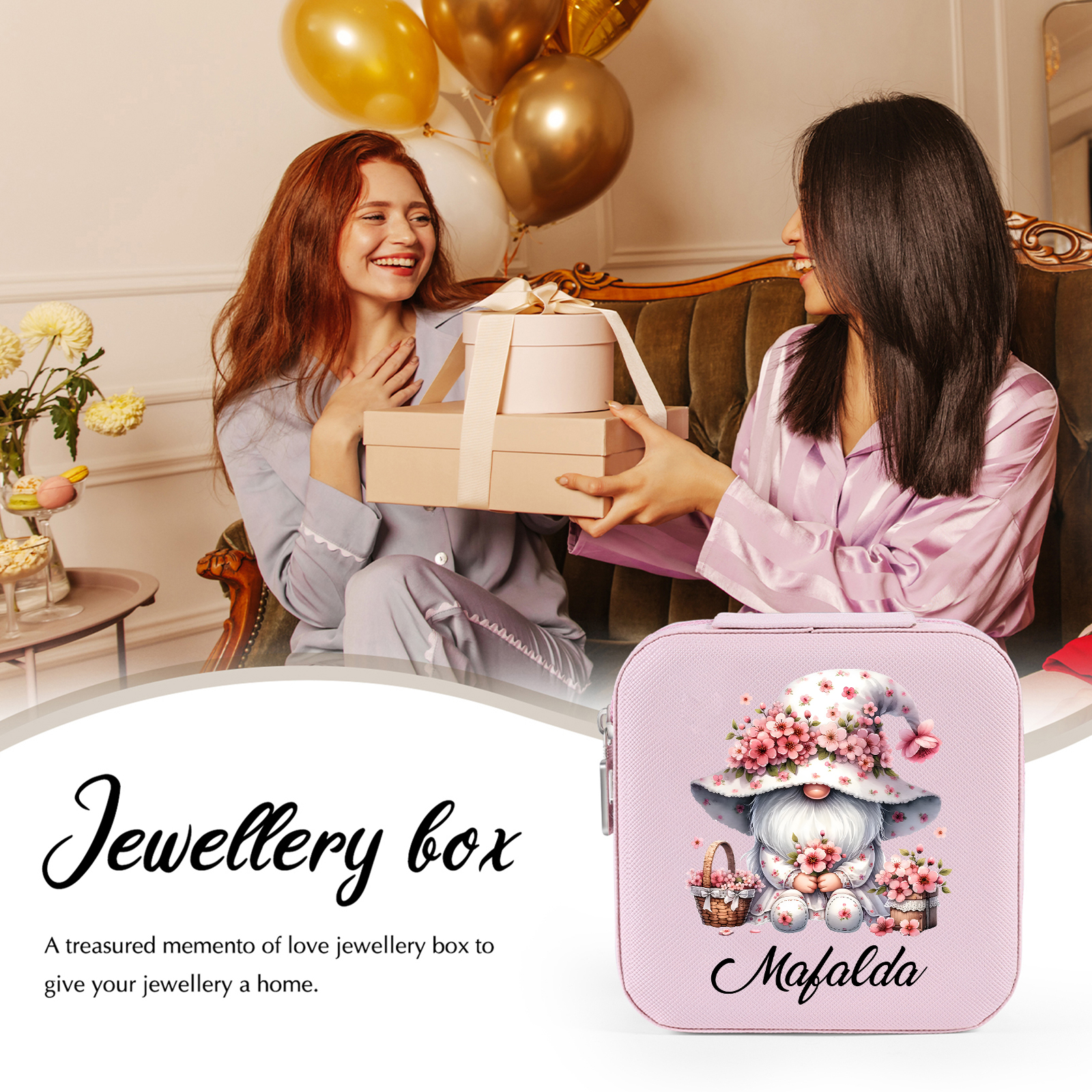 Personalisierter 1 Name Aufbewahrungsbox für Schmuck mit Blumen-Wichtel – Quadratische tragbare PU-Schmuckbox