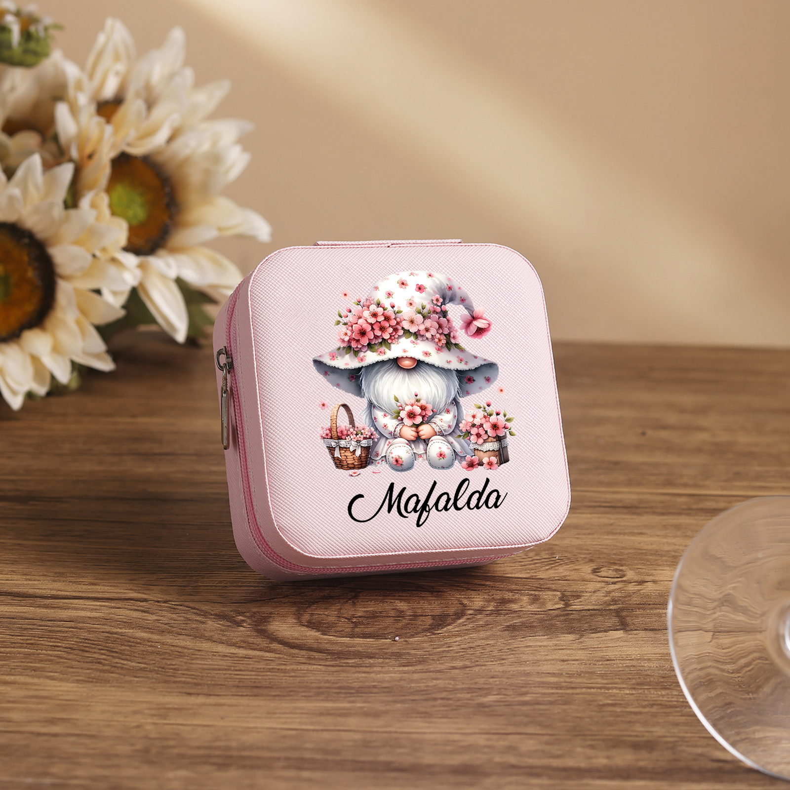 Personalisierter 1 Name Aufbewahrungsbox für Schmuck mit Blumen-Wichtel – Quadratische tragbare PU-Schmuckbox