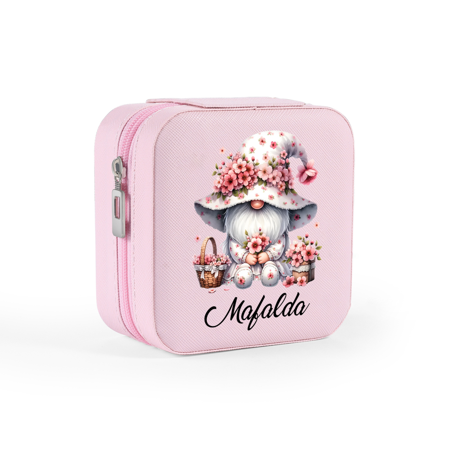 Personalisierter 1 Name Aufbewahrungsbox für Schmuck mit Blumen-Wichtel – Quadratische tragbare PU-Schmuckbox