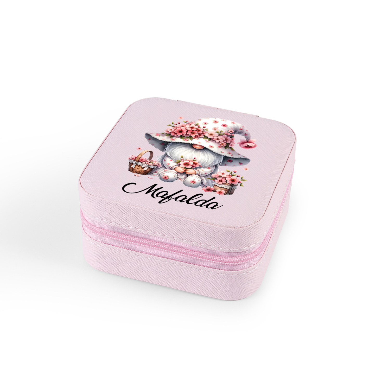 Personalisierter 1 Name Aufbewahrungsbox für Schmuck mit Blumen-Wichtel – Quadratische tragbare PU-Schmuckbox