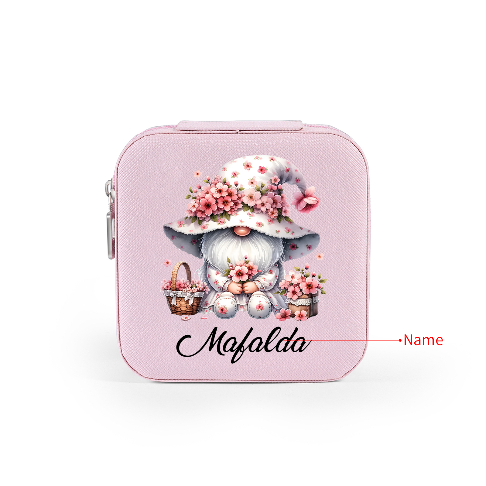 Personalisierter 1 Name Aufbewahrungsbox für Schmuck mit Blumen-Wichtel – Quadratische tragbare PU-Schmuckbox