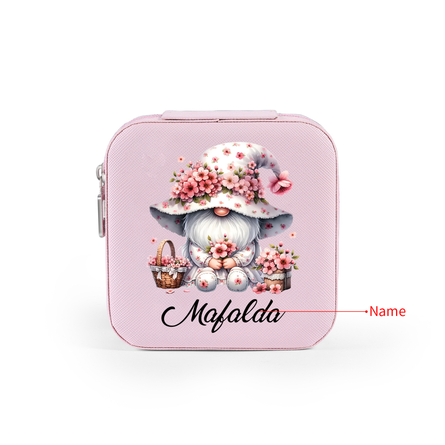 Personalisierter 1 Name Aufbewahrungsbox für Schmuck mit Blumen-Wichtel – Quadratische tragbare PU-Schmuckbox