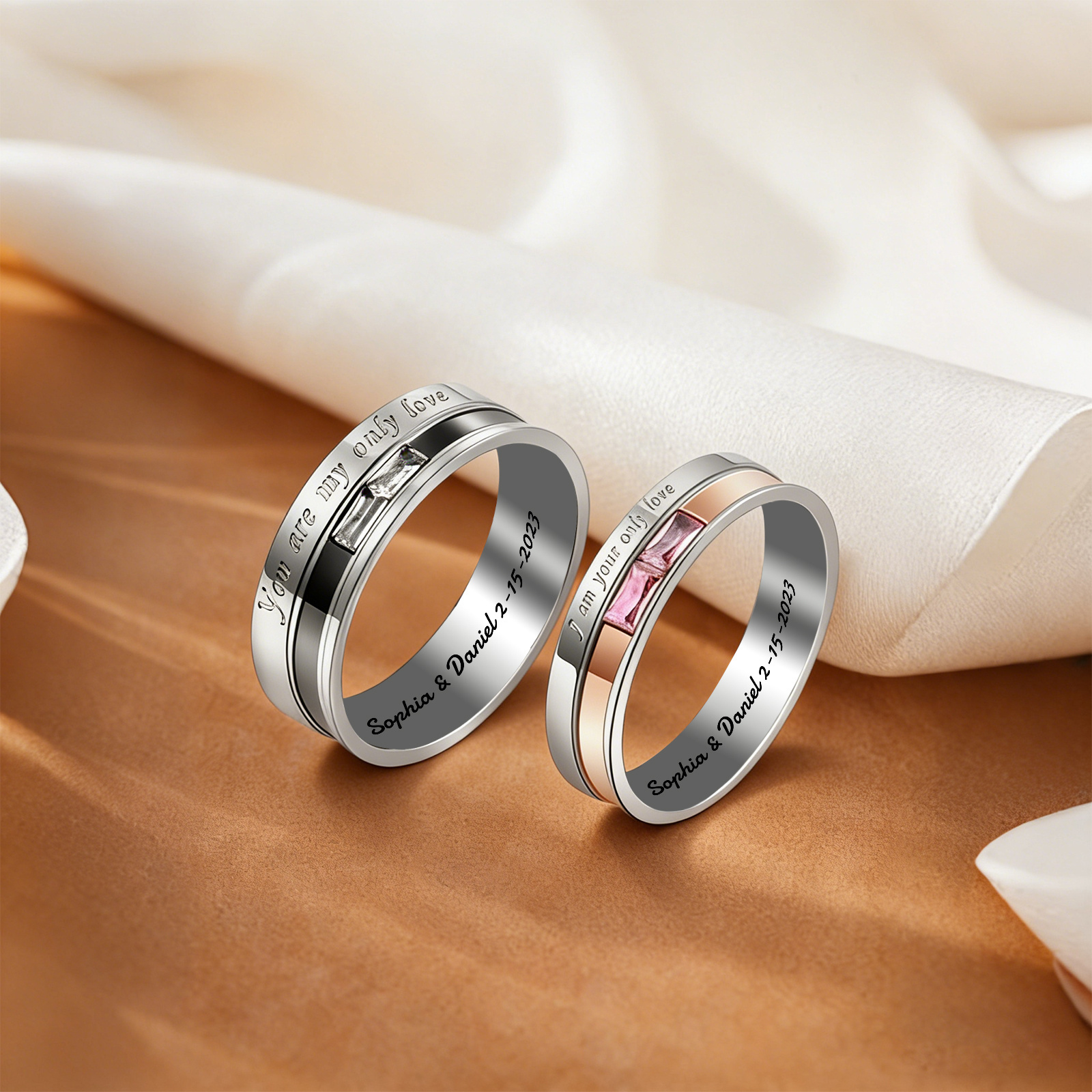 Personalisierte Partner-Ringe – Ringe aus Titanstahl mit Gravur und rechteckigem Stein