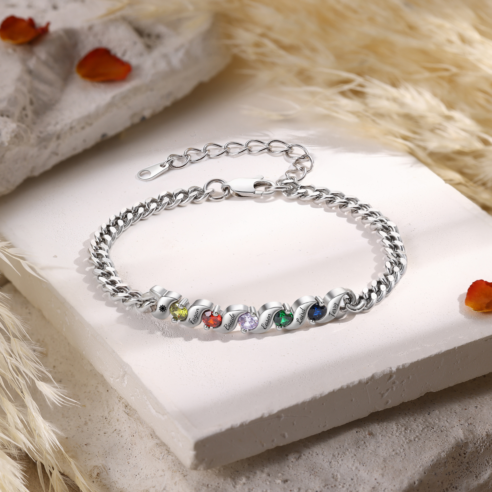 Personalisiertes Cuban Link Armband mit 1–5 Namen und Geburtssteinen