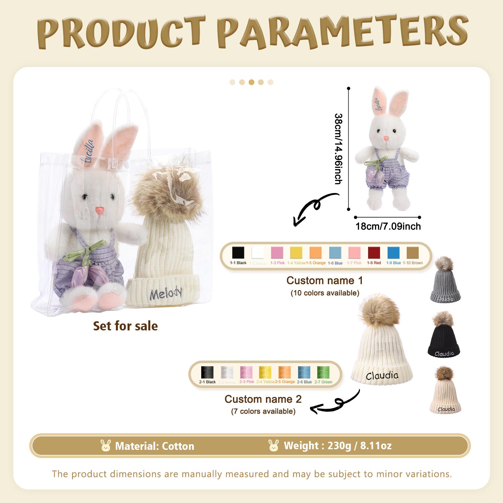 Personalisiertes Set aus Plüschhase und Bommelmütze mit Namensstickerei – Geschenk für Babys und Kinder