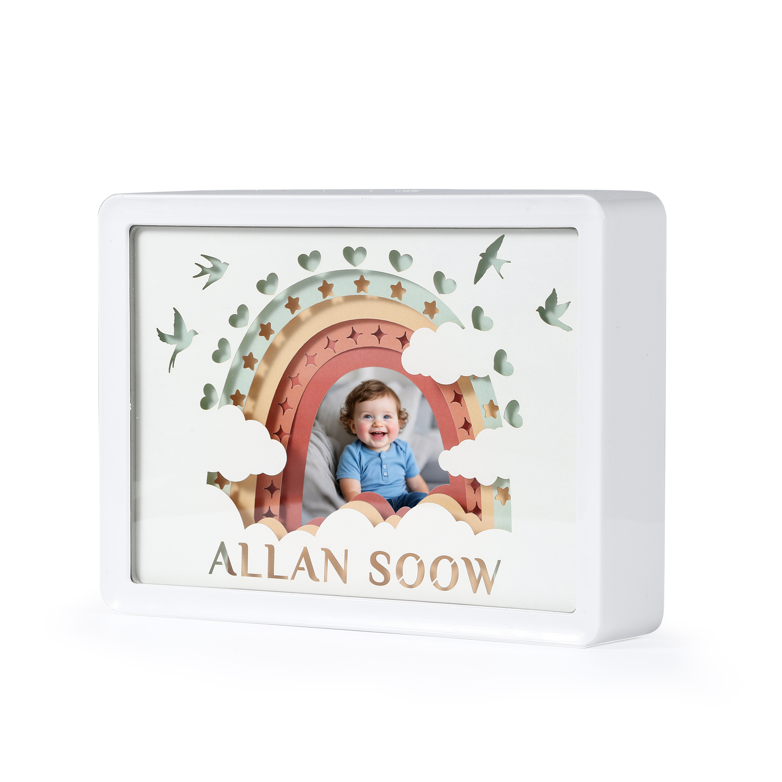 3D Baby‑Geburtsdaten Bilderrahmen mit Licht – personalisierbar, Regenbogen‑Design