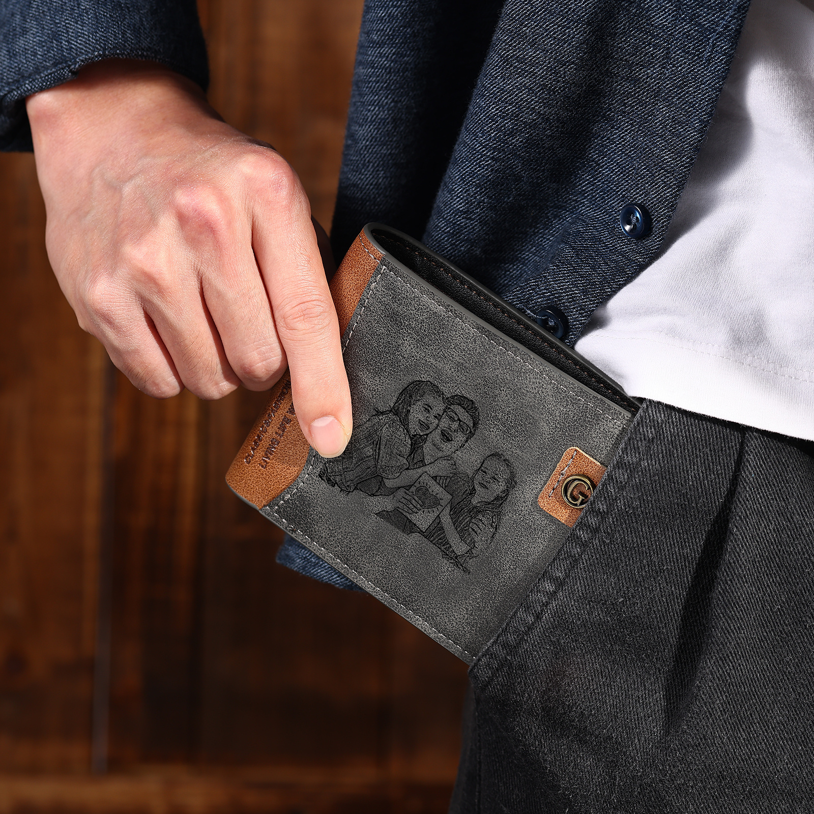 Personalisierte Herren-Geldbörse aus Leder im Bifold-Design mit graviertem Foto, Buchstaben und Namen