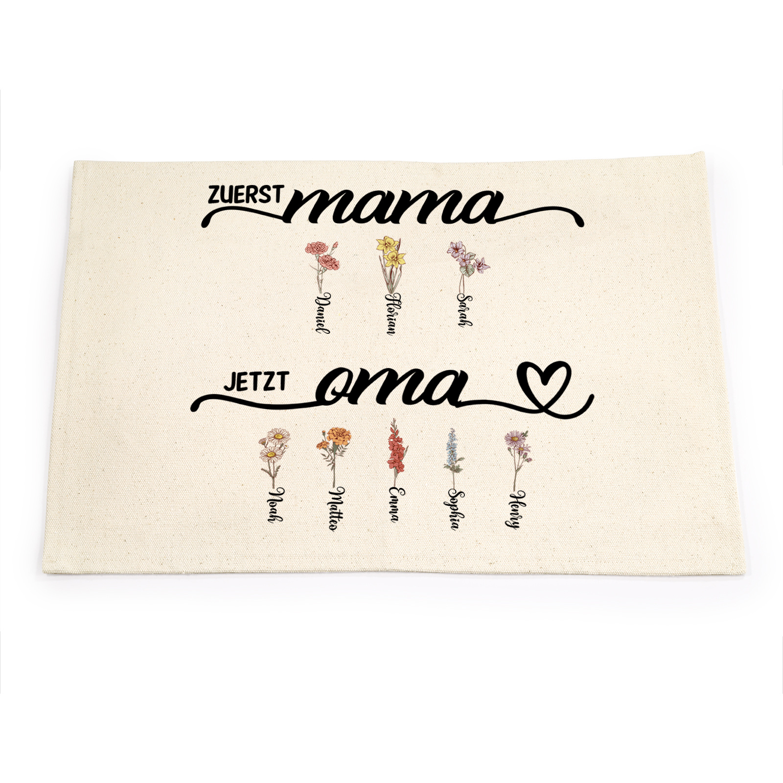 Personalisiertes Weiß Leinen-Tischset Untersetzer Geburtsblumen für Mama Oma