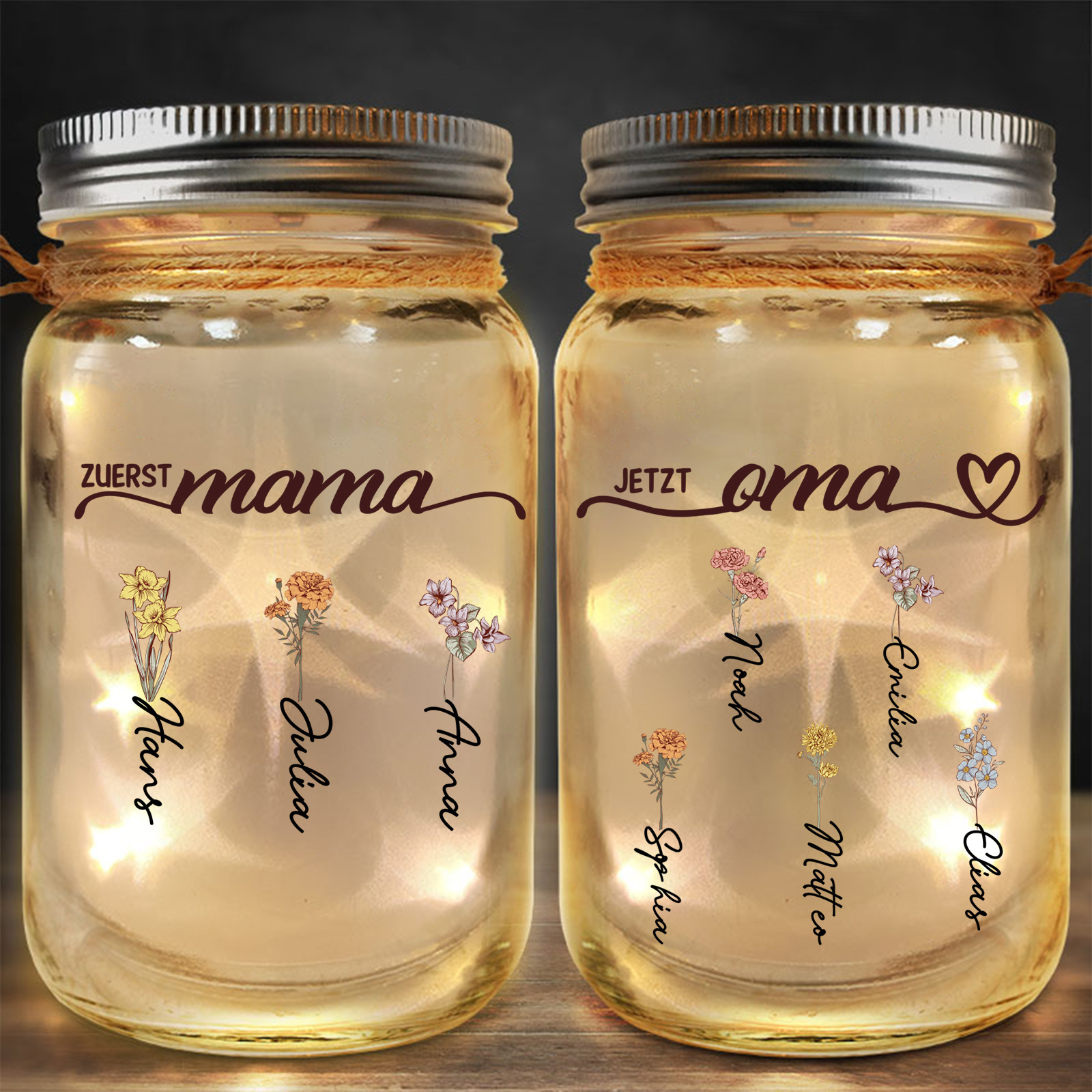 Erst Mama, jetzt Oma – personalisierte Glasflaschen mit 2–12 Geburtsblumen