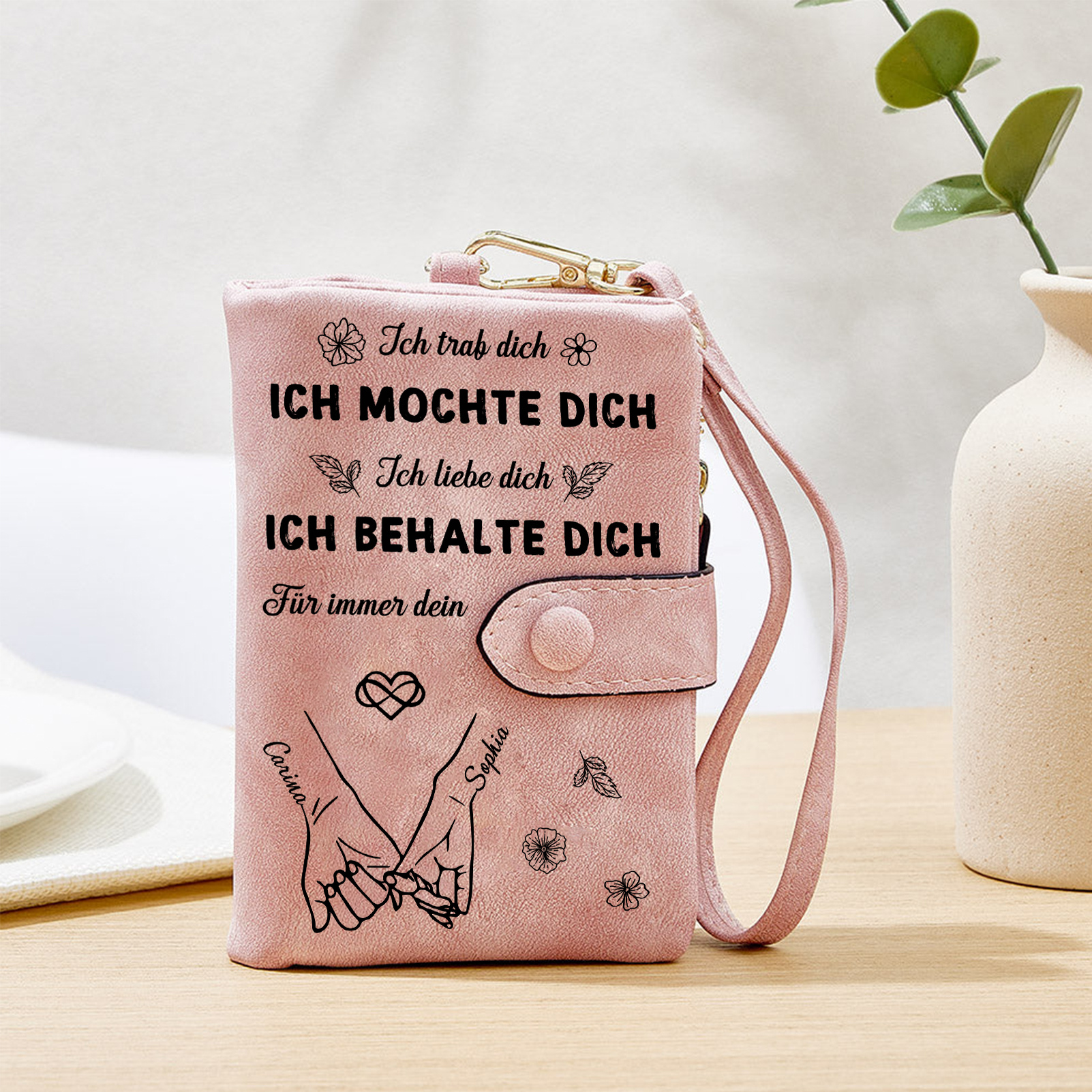 Personalisierte rosa Damen-Geldbörse mit Namen, Datum &  „ Ich liebe dich “