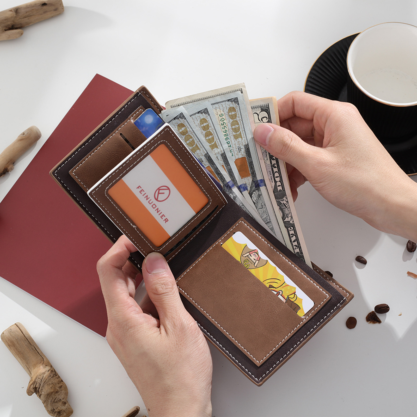 Personalisierte Herren-Ledergeldbörse mit Foto-Gravur und zwei Namen, zweifach klappbar