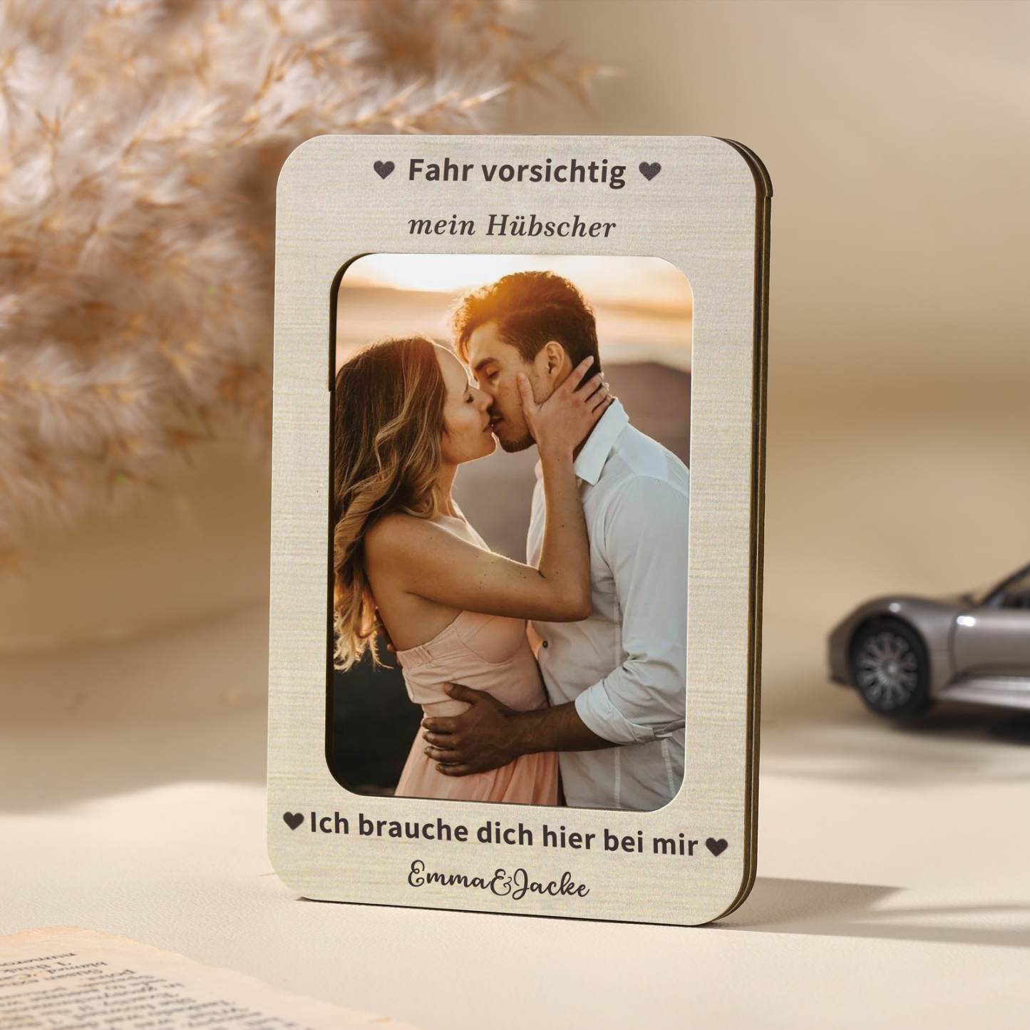 Personalisierter mit 1 Foto & 2 Namen Holzanhänger fürs Auto – Ein einzigartiges romantisches Erinnerungsstück