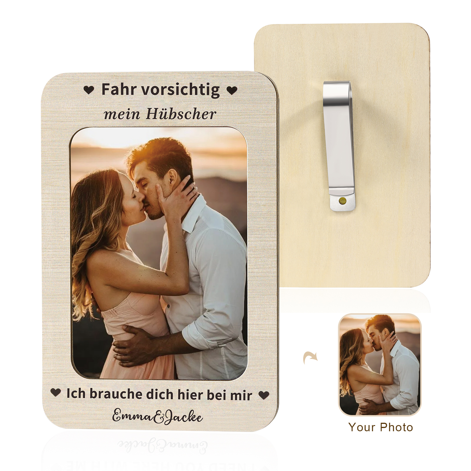 Personalisierter mit 1 Foto & 2 Namen Holzanhänger fürs Auto – Ein einzigartiges romantisches Erinnerungsstück