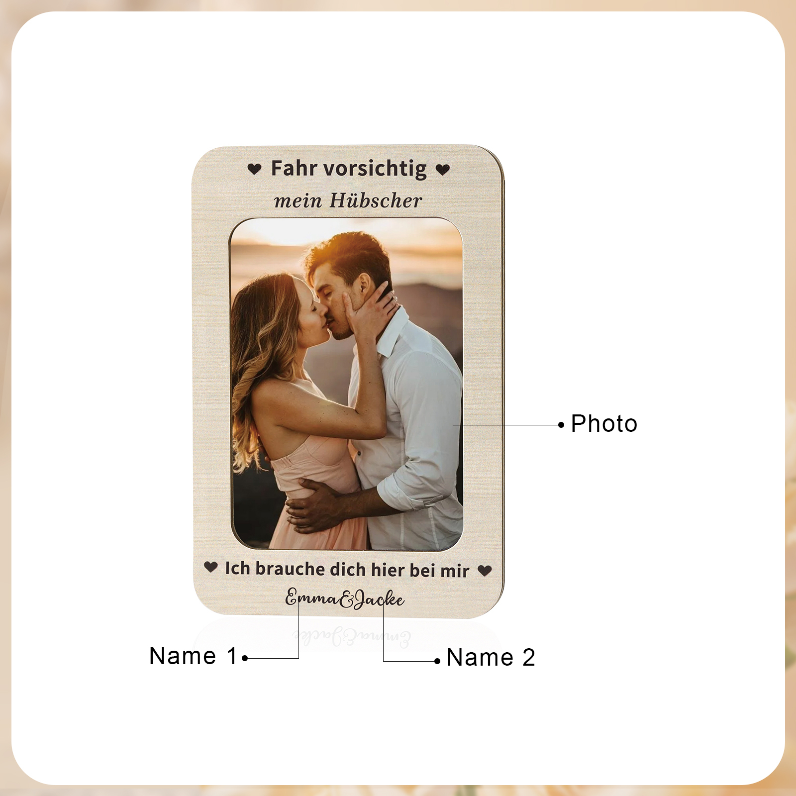 Personalisierter mit 1 Foto & 2 Namen Holzanhänger fürs Auto – Ein einzigartiges romantisches Erinnerungsstück