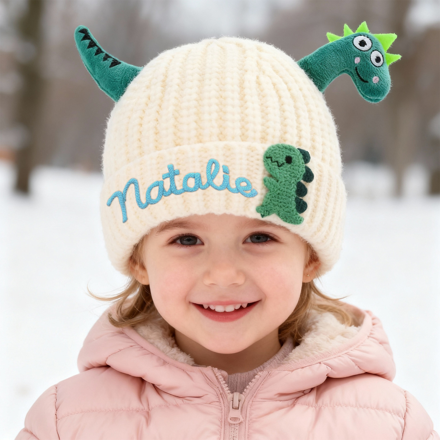 Personalisierte Dinosaurier-Mützen mit Namen für Kleinkinder – handbestickte Kindermütze