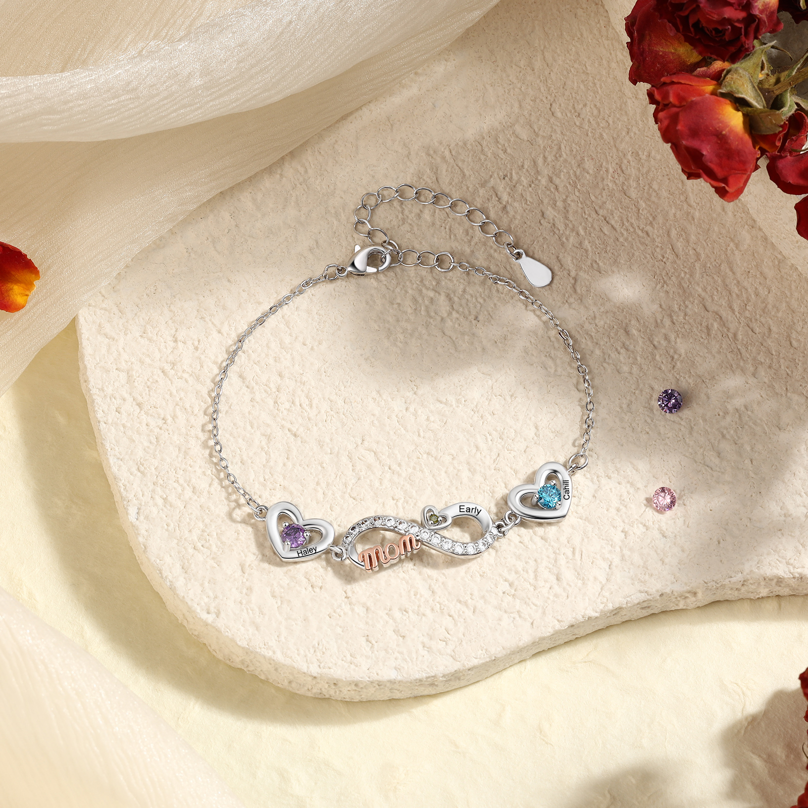 Personalisiertes Infinity-Herz Armband mit Geburtssteinen für Mama mit 2–6 Namen personalisiert