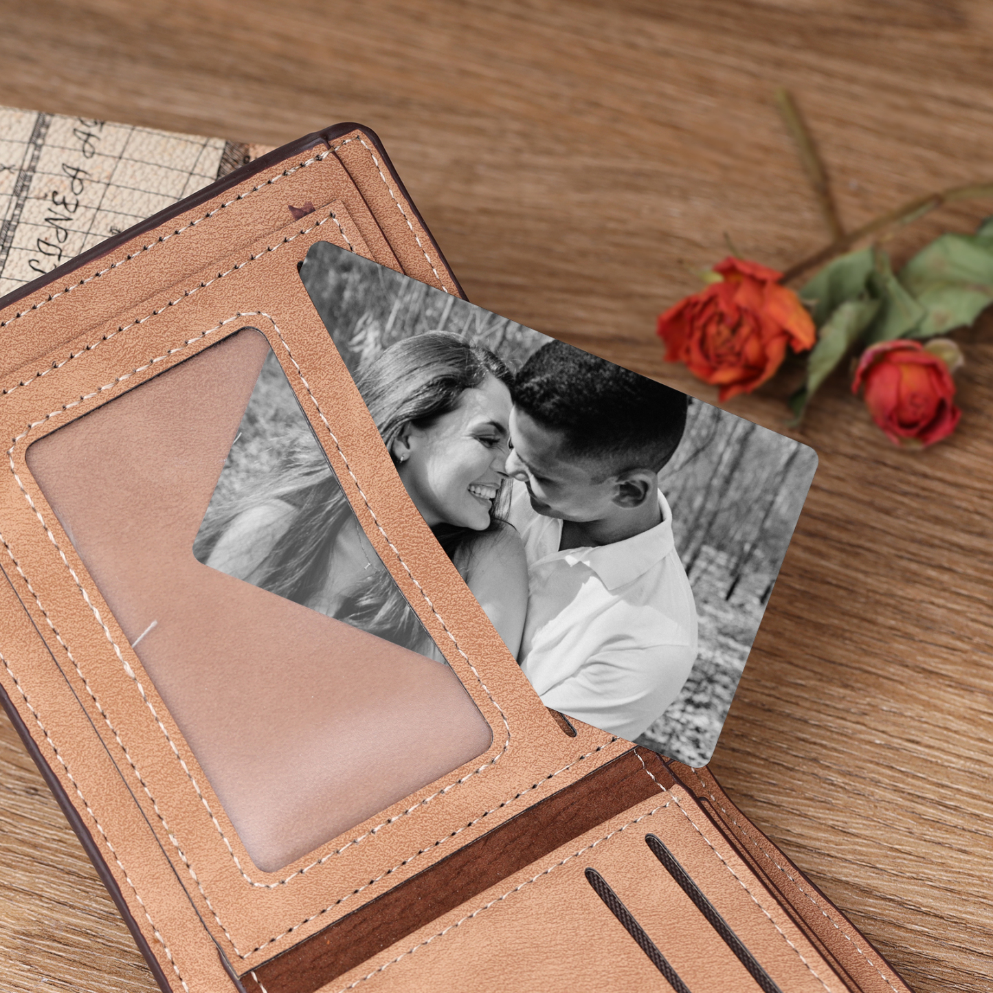 Personalisiertes Foto & Name & Buchstabe Herren Geldbörse & Foto & Text Schwarz-weiße Geldbörse Karte & Foto & 2 Texte Schlüsselanhänger Geschenkbox Set für Mann