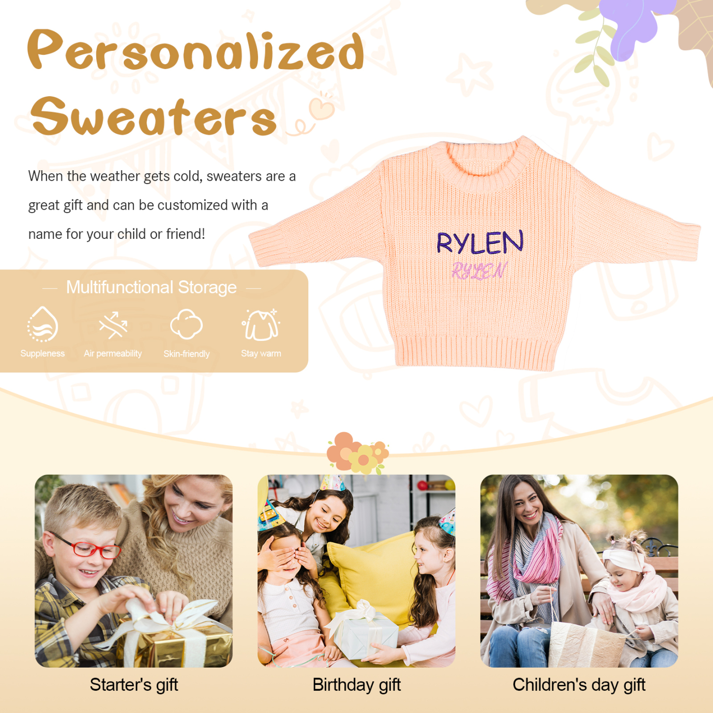 Personalisierte 2 Namen & Farbe Baby Kinder Baumwolle Pullover mit Rundhalsausschnitt Doppelte Beschriftung mit bunten Garnfarben