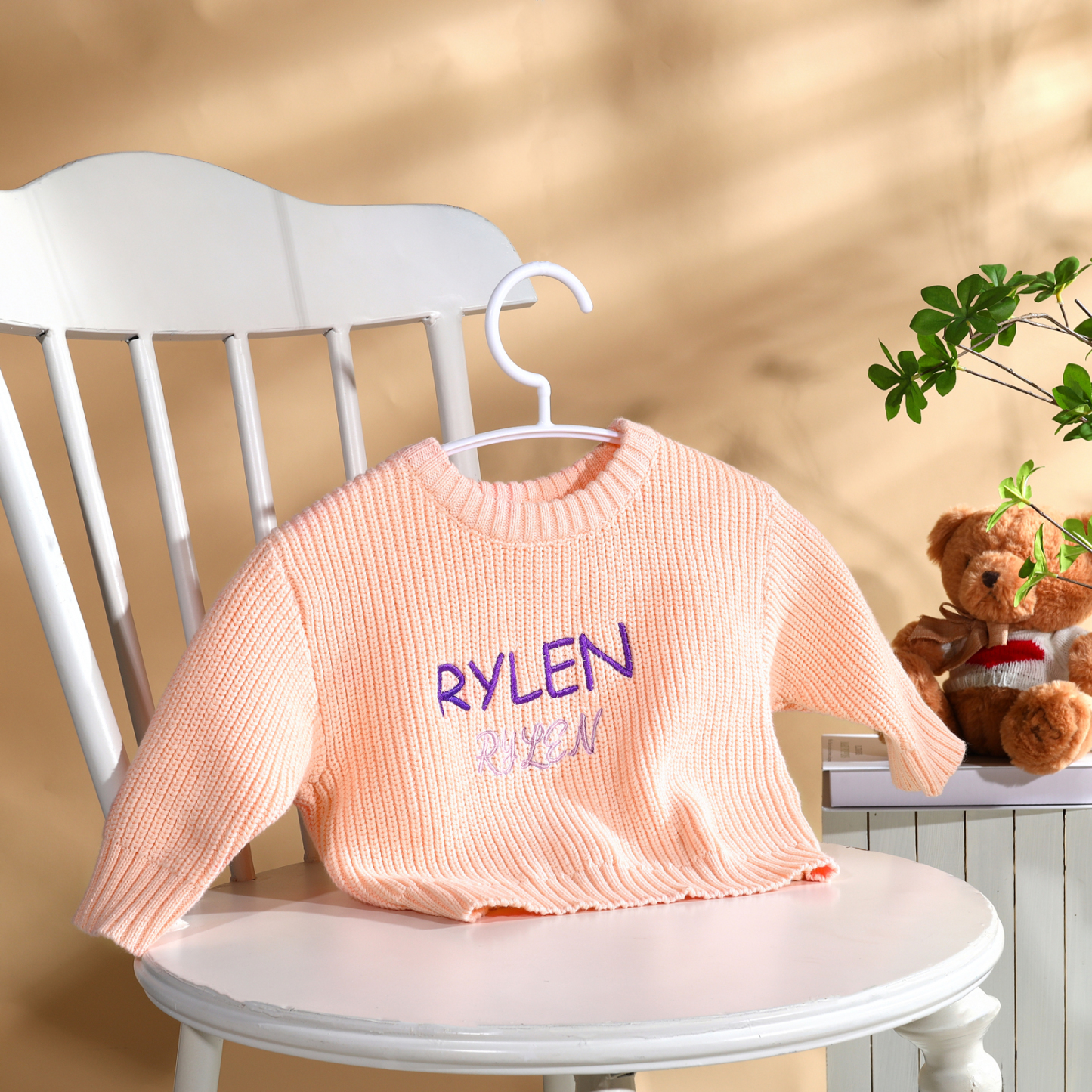 Personalisierte 2 Namen & Farbe Baby Kinder Baumwolle Pullover mit Rundhalsausschnitt Doppelte Beschriftung mit bunten Garnfarben
