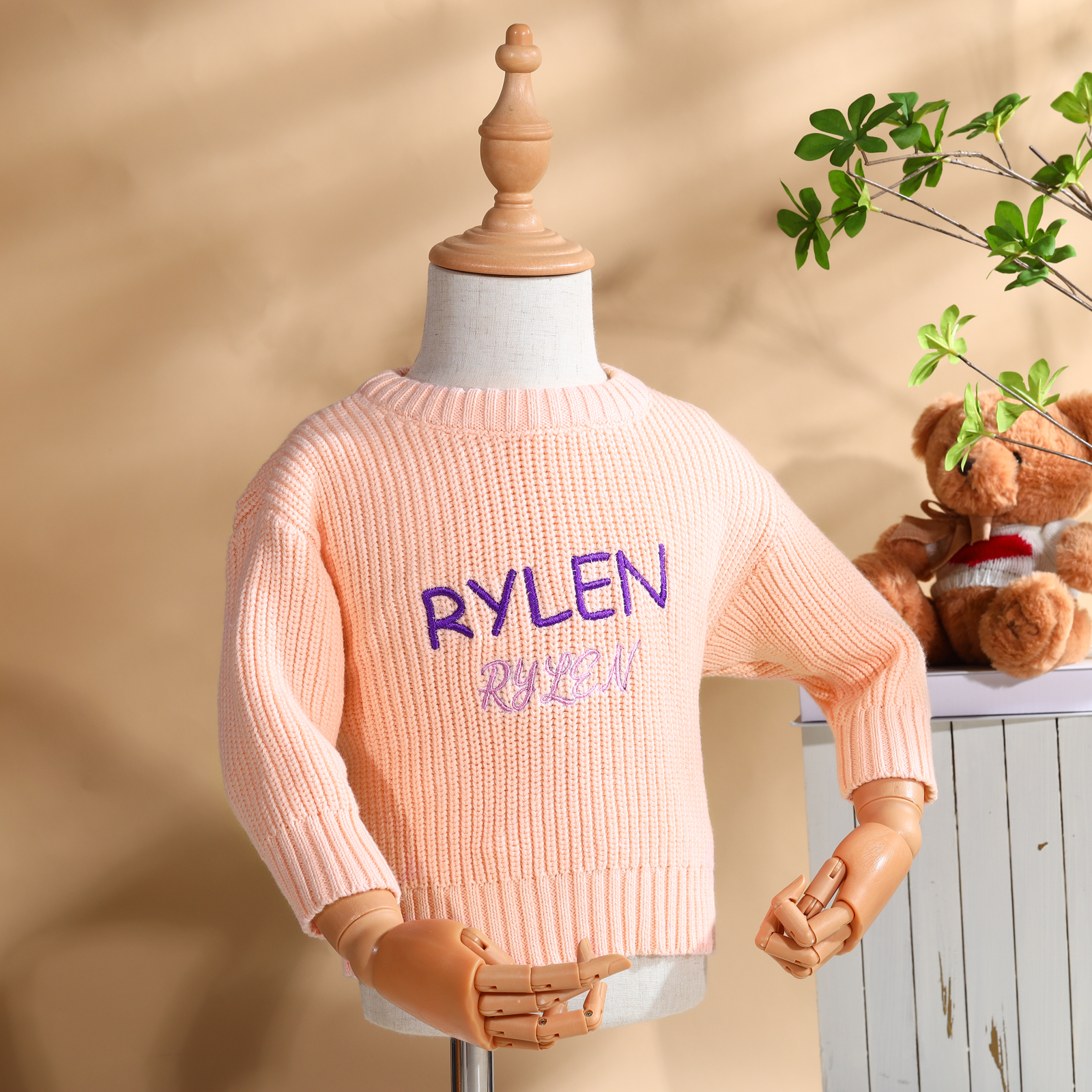 Personalisierte 2 Namen & Farbe Baby Kinder Baumwolle Pullover mit Rundhalsausschnitt Doppelte Beschriftung mit bunten Garnfarben