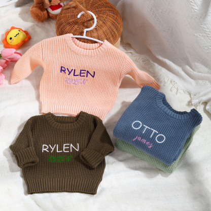 Personalisierte 2 Namen & Farbe Baby Kinder Baumwolle Pullover mit Rundhalsausschnitt Doppelte Beschriftung mit bunten Garnfarben