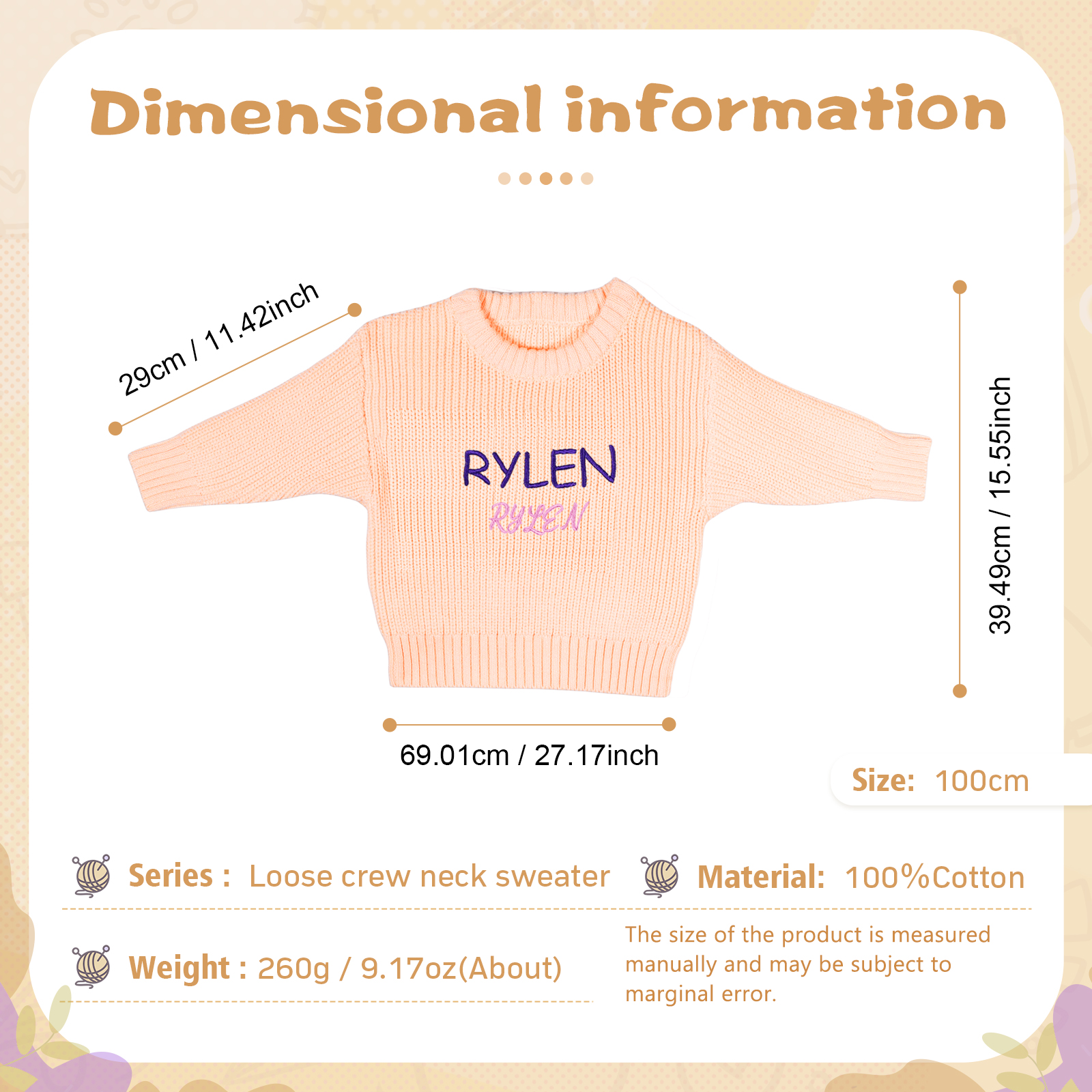 Personalisierte 2 Namen & Farbe Baby Kinder Baumwolle Pullover mit Rundhalsausschnitt Doppelte Beschriftung mit bunten Garnfarben