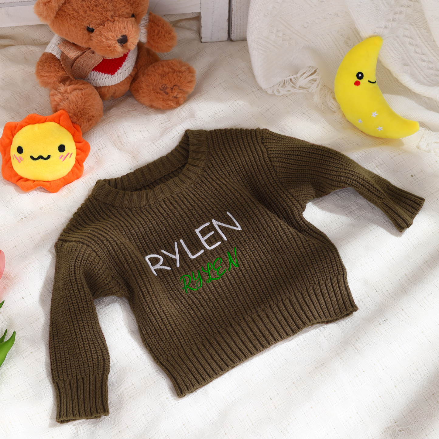 Personalisierte 2 Namen & Farbe Baby Kinder Baumwolle Pullover mit Rundhalsausschnitt Doppelte Beschriftung mit bunten Garnfarben
