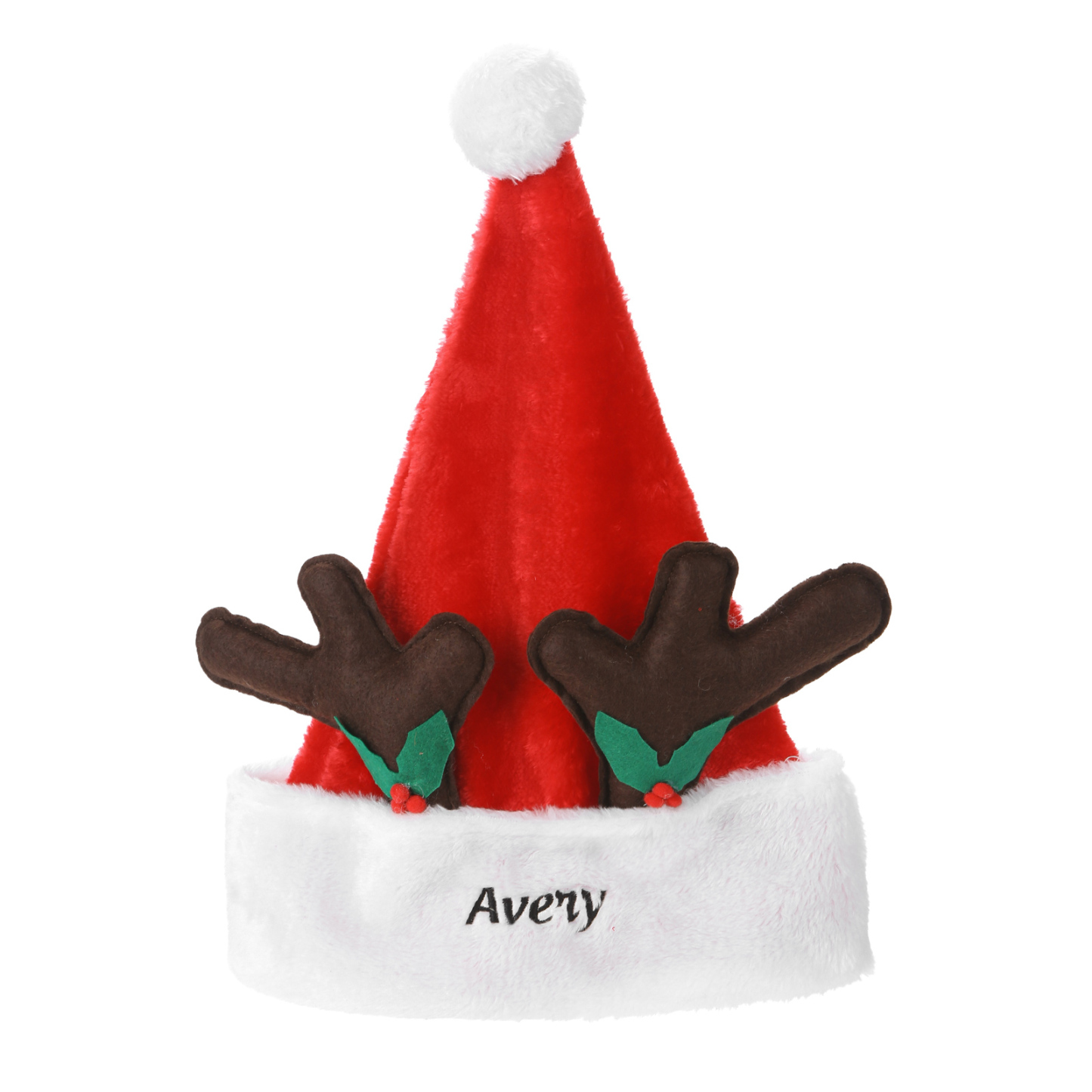 Weihnachtsmütze mit Rentiergeweih und personalisierte Name mit verschiedene Schriftarten