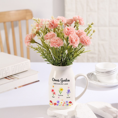 Personalisierte Keramikvase mit Blumenmotiv „Omas Garten“ individuell mit 1–10 Geburtsblumen und Namen