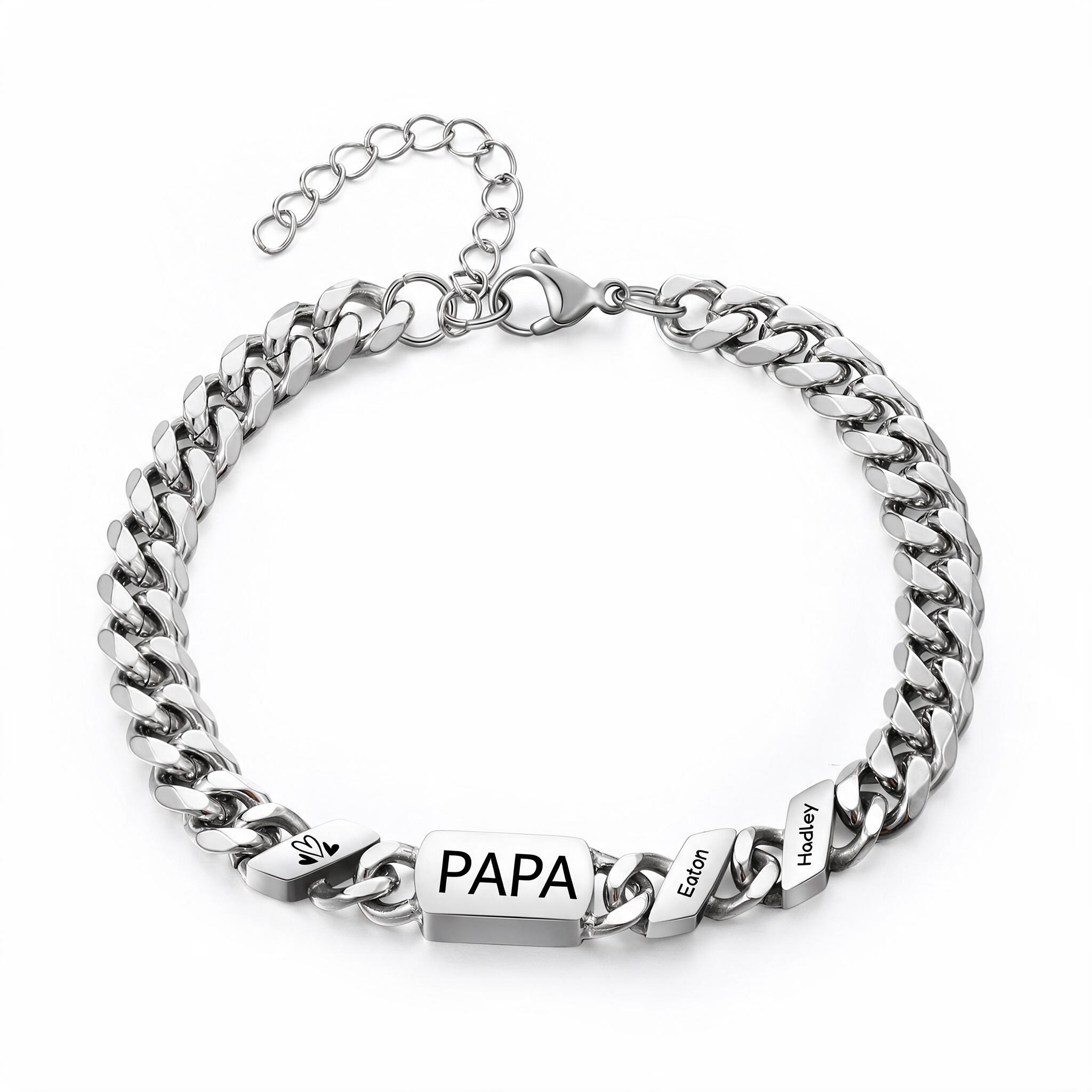 Personalisiertes Herrenarmband aus Edelstahl mit Panzerkette und 1–6 Namen Vatertagsgeschenk für Papa