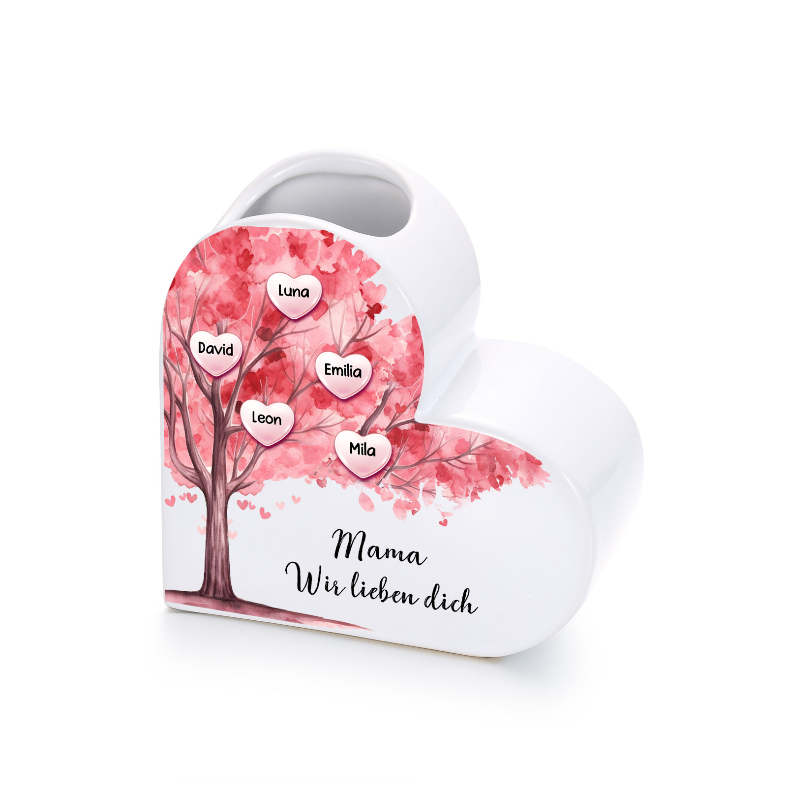 Personalisierte herzförmige Keramikvase in Rosa mit Familienbaum-Motiv, personalisiert mit 1–12 Namen
