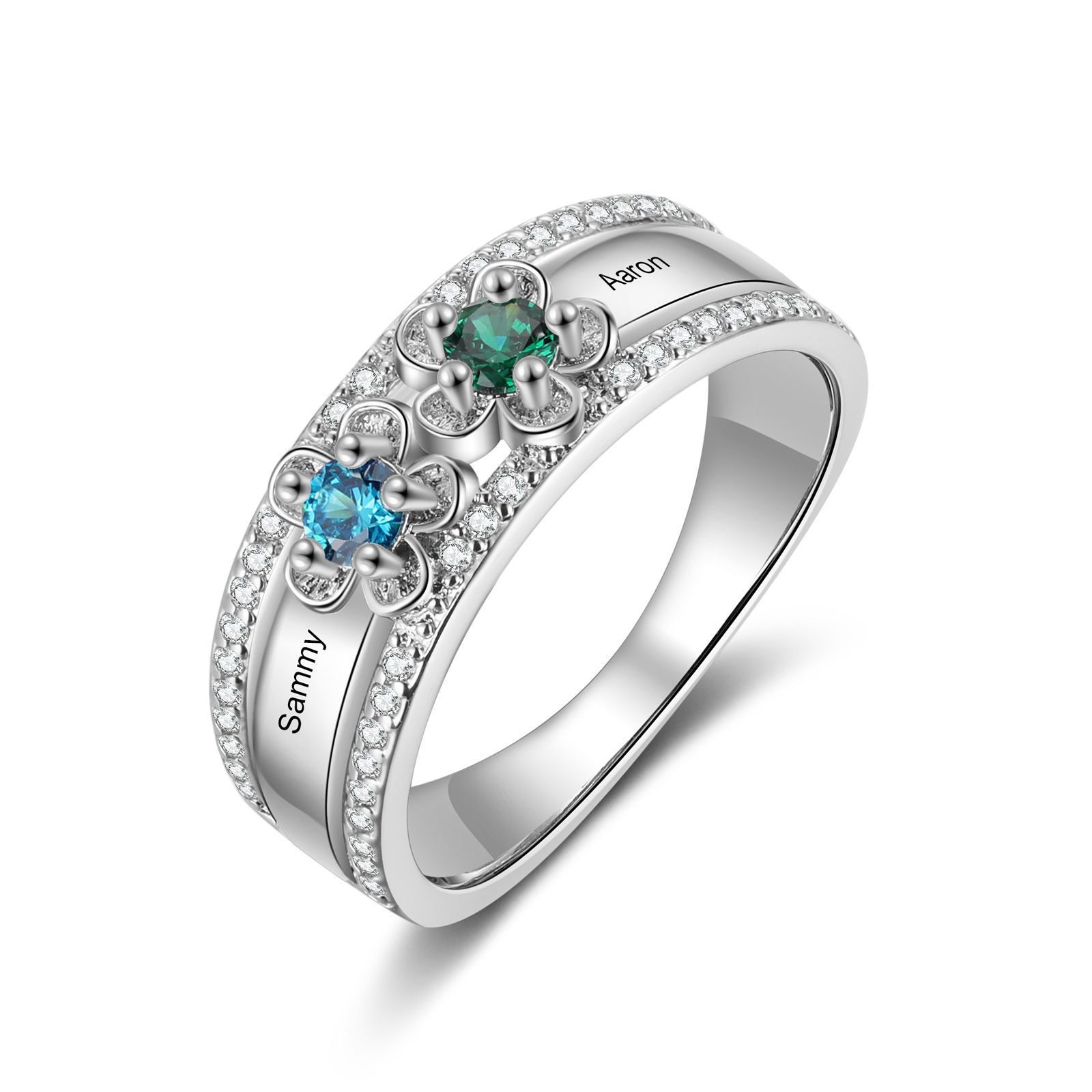 Personalisierter Blumen-Silberring mit 2–4 Namen & Geburtsstein – Geschenk für Mama, Frau