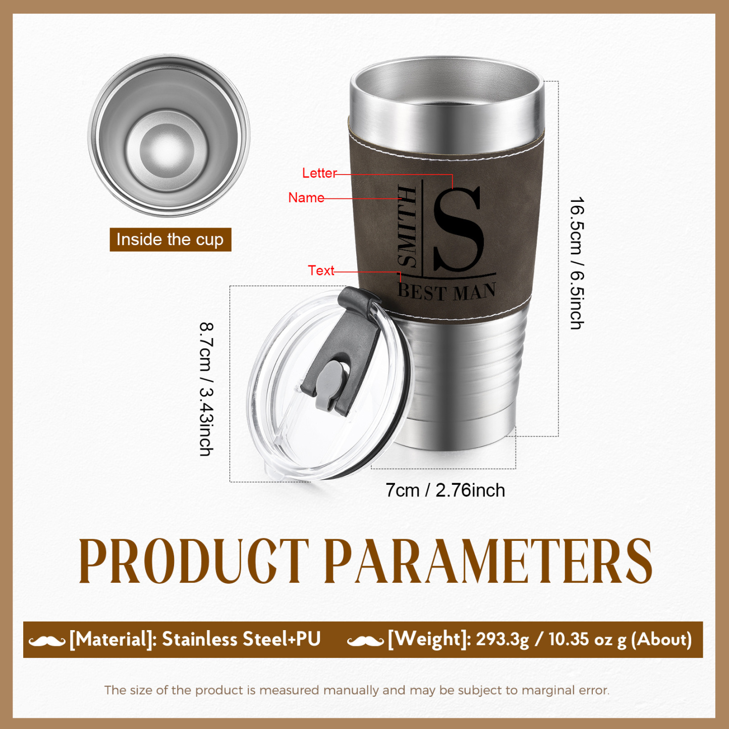 Edelstahlbecher mit individuell monogrammierter Lederhülle
