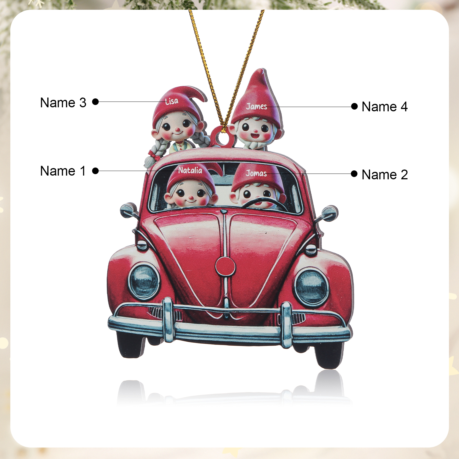 Personalisierter roter Wagen der Elfenfamilie als Weihnachtsschmuck aus Holz