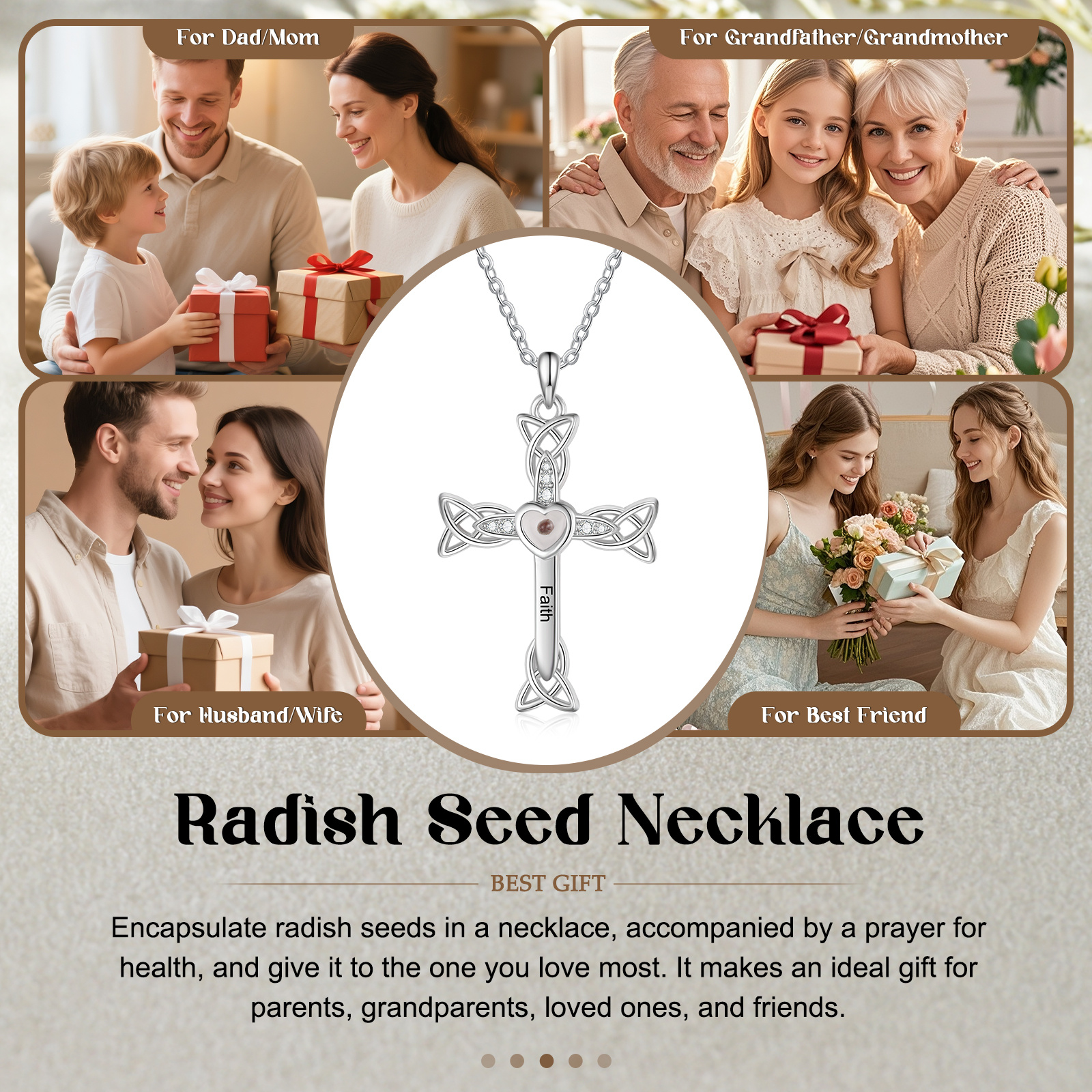 Halskette mit Senfkörnern, keltischem Knotenkreuz und Herz