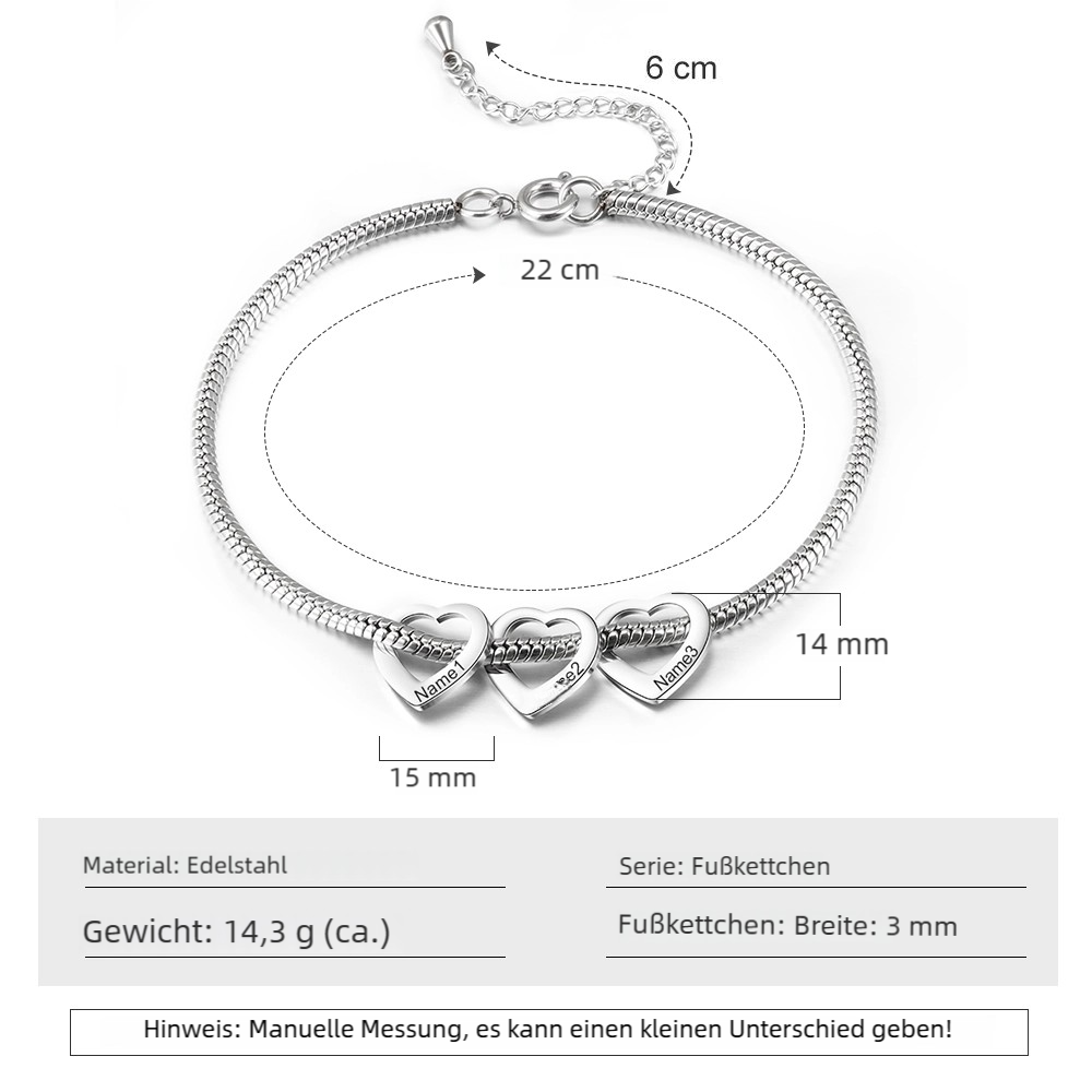 Fußkettchen mit 2-6 herzförmigen Gravuranhängern
