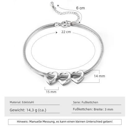 Fußkettchen mit 2-6 herzförmigen Gravuranhängern