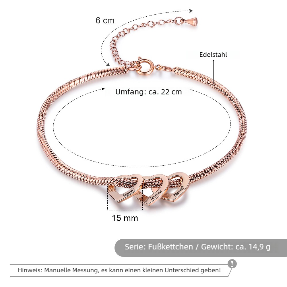 Fußkettchen mit 2-6 herzförmigen Gravuranhängern