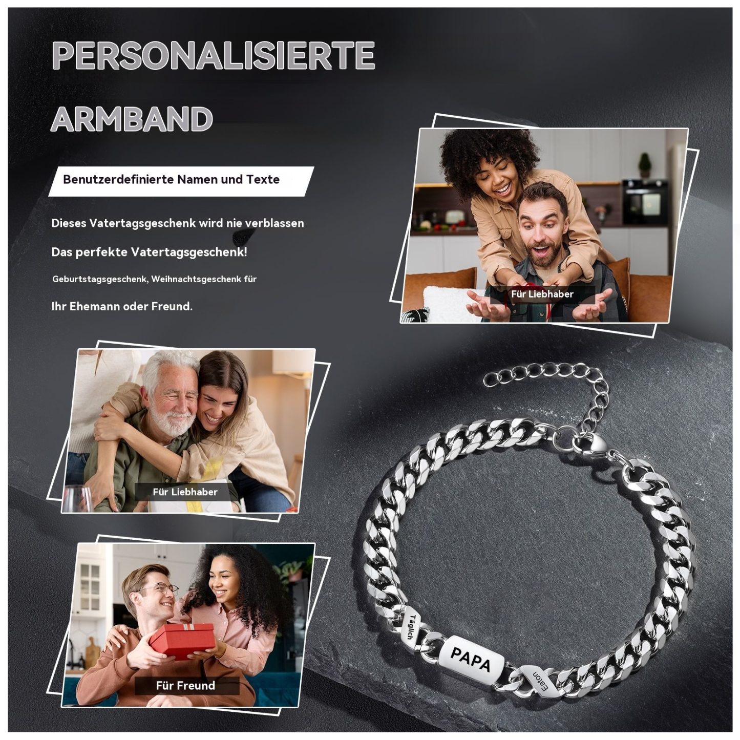 Herren Personalisierte 1-6 Namen Edelstahl Armband mit Text