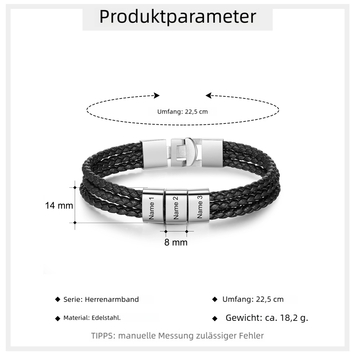 Herren Gravur 1-8 Namen Perlen Dreifach Geflochtenes Leder Armband