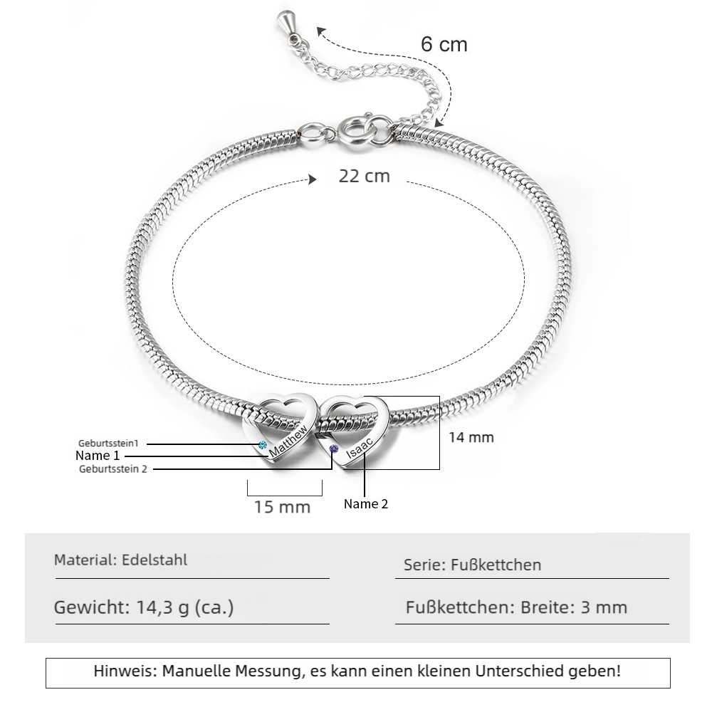 Personalisierte Herz Fußkette mit eingravierten 1-5 Namen & 1-5 Geburtssteinen-Geschenk für Frauen